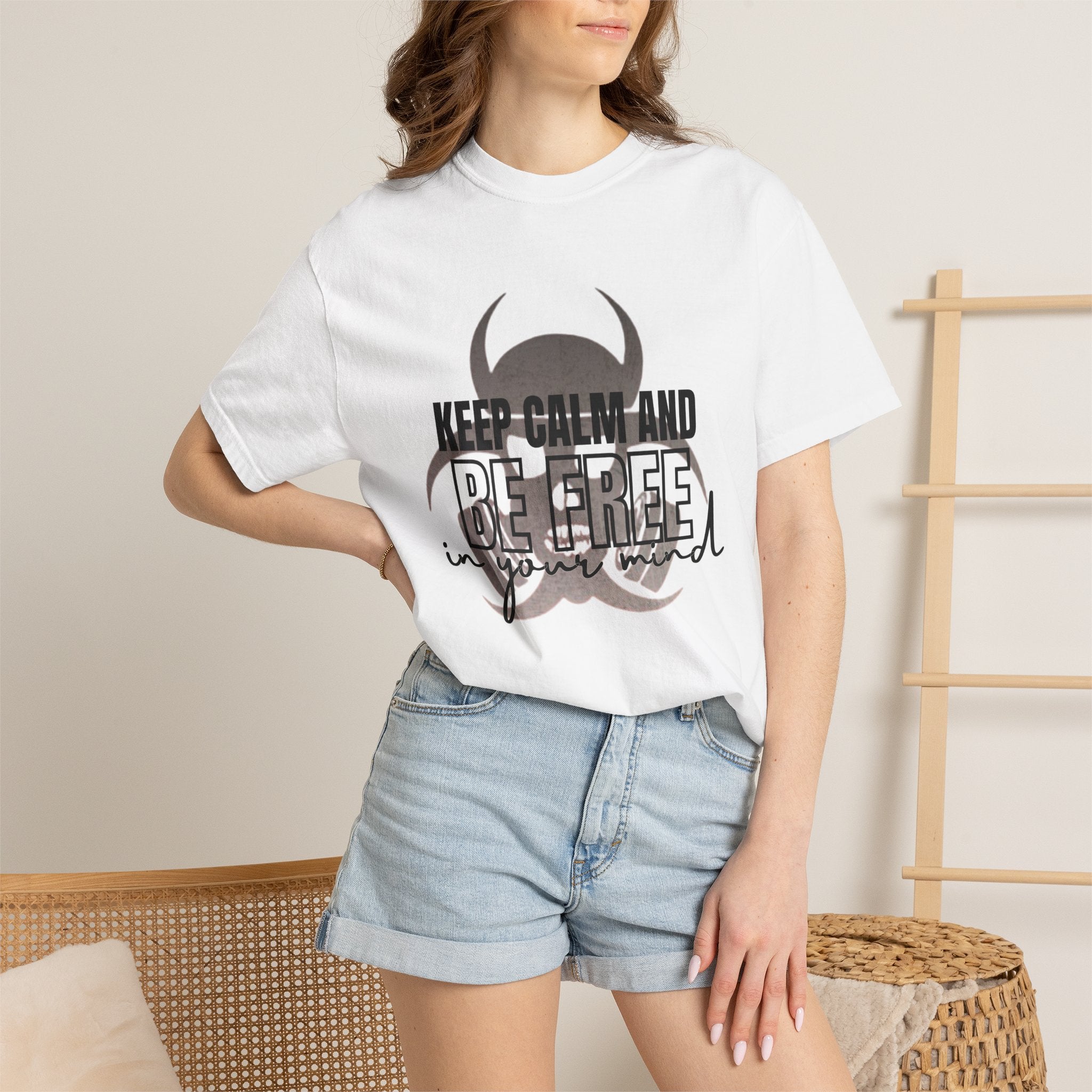 White Keep Calm and Be Free in Your Mind T-Shirt